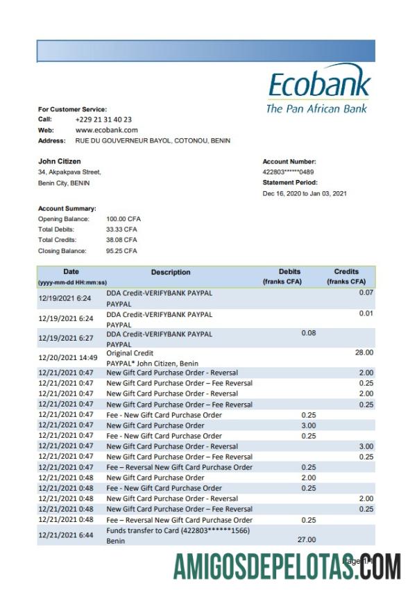 Extrato bancário realista do Benin Ecobank, modelo fácil de preencher em formato de arquivo .xls e .pdf